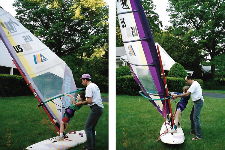 Arkady Kokish (1998): teaching basic windsurfing skills to Mark and Iris | Photo: Kokish Family Archive