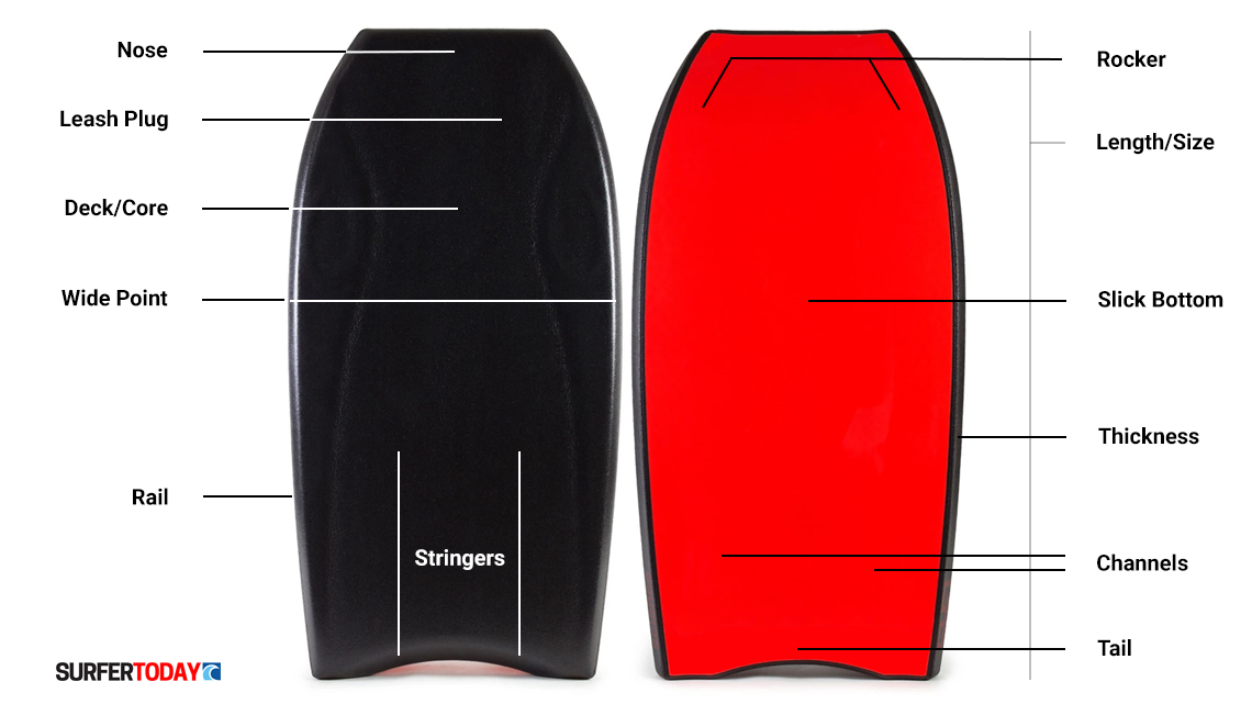 Anatomy of a bodyboard: nose, core, wide point, rail, stringers, rocker, length/size, slick bottom, thickness, channels, and tail | Illustration: SurferToday.com