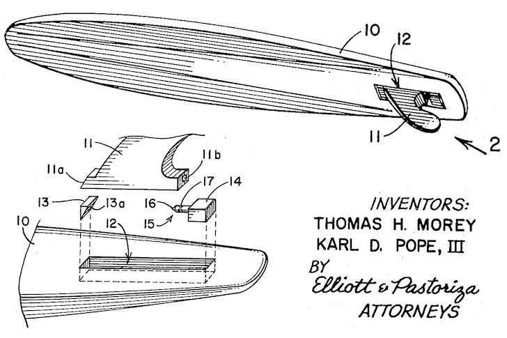 Surfboard fins: the patent filed by Tom Morey and Karl Pope in 1961