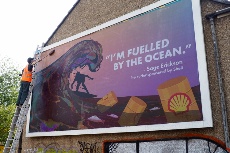 Brandalism: Sage Erickson's 'I'm Fueled by the Ocean' Shell sponsorship under fire in Britain | Photo: Brandalism