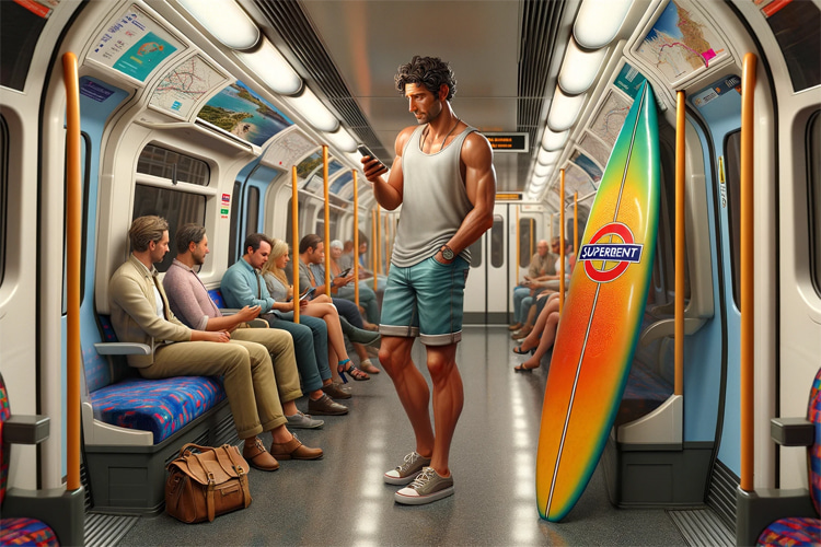 London Tube: if you can't surf, pretend you do by playing a mobile surf video game | Illustration: SurferToday