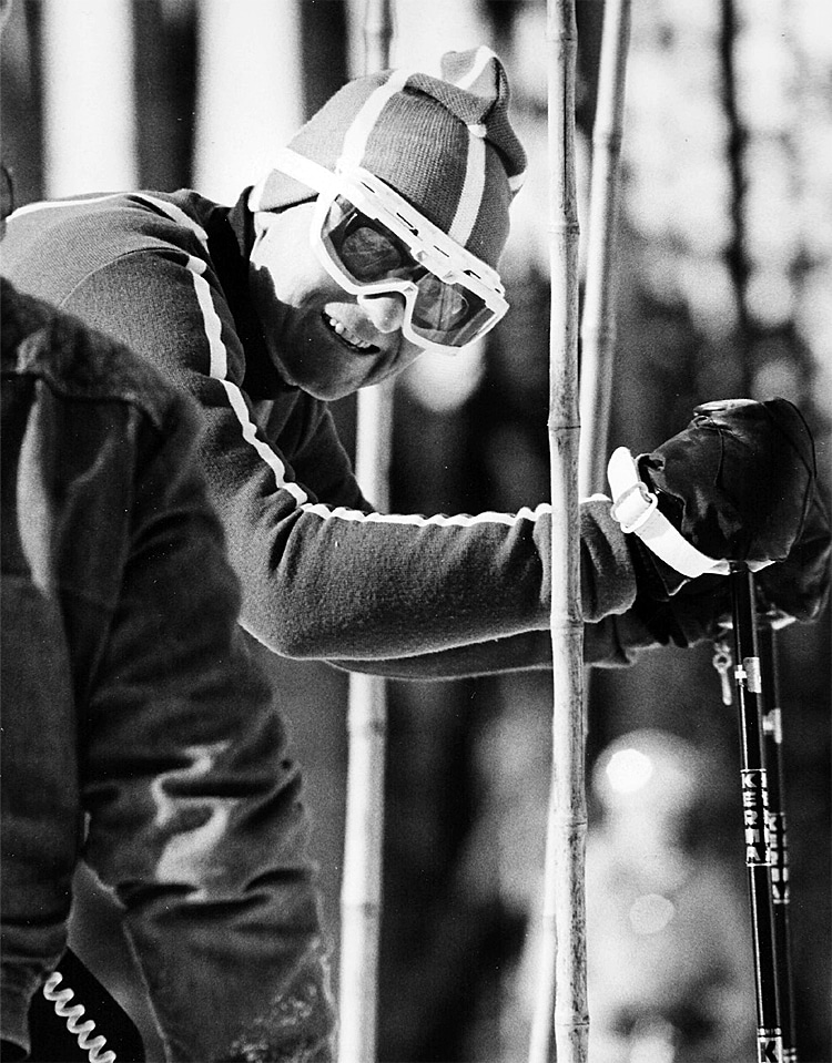 Max Dercum, avid Businessman's League racer, waits for the countdown from starter Jack McGeehan, HooDoo Trail, Keystone, circa March 1975. The day was always brighter when Max showed up for the race | Photo: John Woodruff