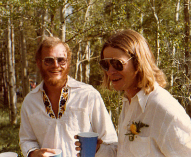 Bill Pula and Neely Woodward captured in one of many moments of levity enjoyed during a summertime social on Ptarmigan, circa 1978 | Photo: Curt Kimbel