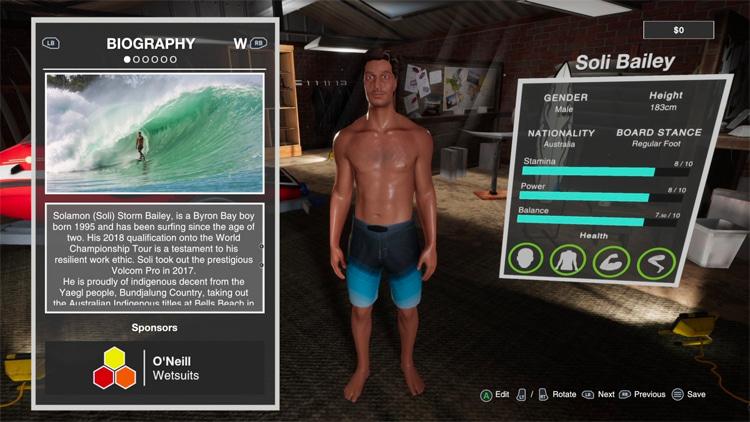 Soli Bailey: 'Barton Lynch Pro Surfing' features an in-depth character creator where you can play as a pro, or create yourself | Photo: BLPS
