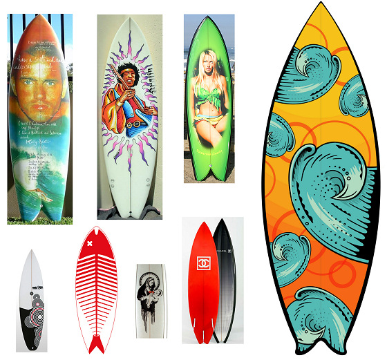 Surfboard art: girls, rock stars and fashion logos