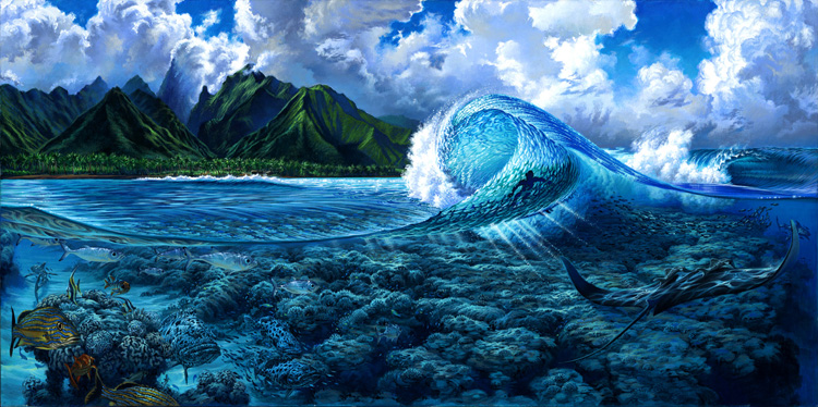 Teahupoo: the sharp coral reef helps transform big swells into mutant waves | Painting: Phil Roberts