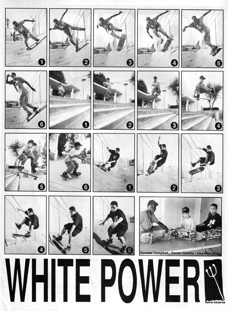 White Power: the humorous ad by World Industries featuring Kareem Campbell, Daniel Castillo, and Daewon Song