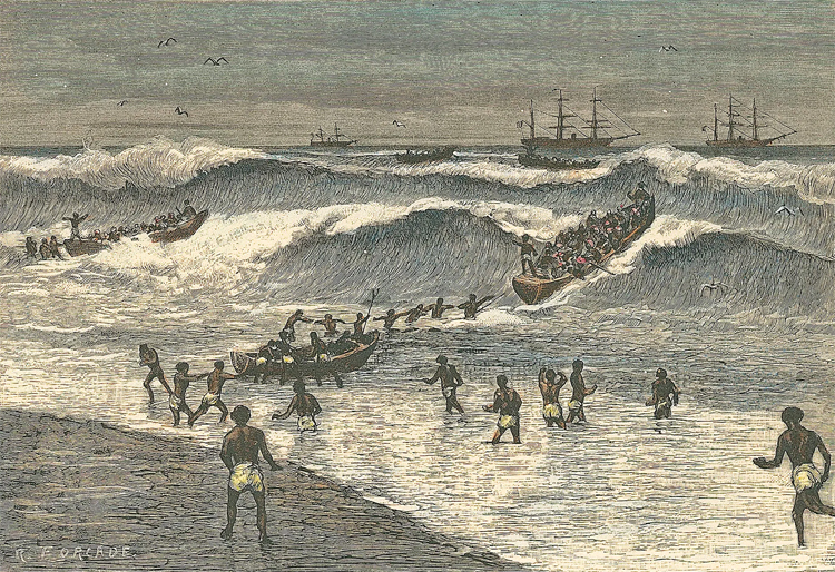 Surf canoes: African rode these watercraft in the 15th century | illustration: R. Forcade