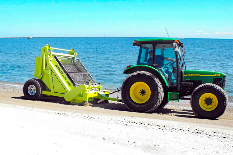 Beach cleaning rake: a machine that lifts up all types of debris, including plastic, glass, cans, syringes, dead fish, shells, wood, stone, seaweed, cigarette butts, and other small objects | Photo: H. Barber & Sons