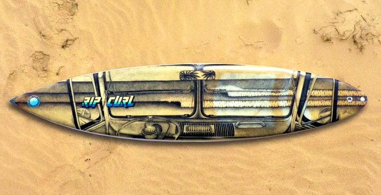 Surfboard art: a VW Kombi view over the surf