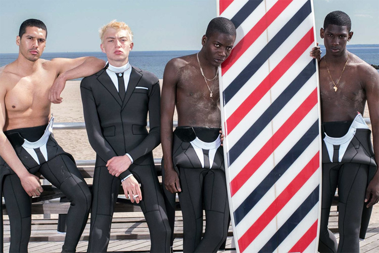 Trompe L'Oeil Technical Wetsuit: a neoprene for surfers designed by Thom Browne | Photo: Wayne Lawrence