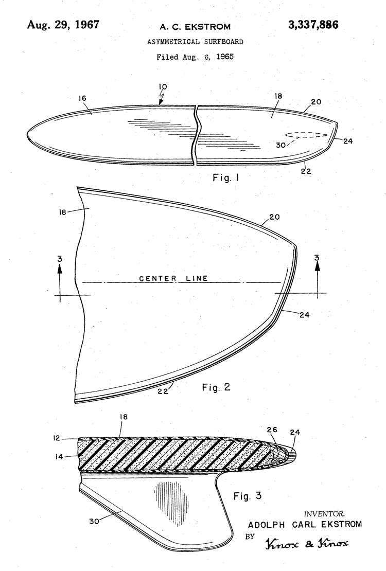Asymmetrical surfboard: the first ever patent filed by Carl Ekstrom in 1965