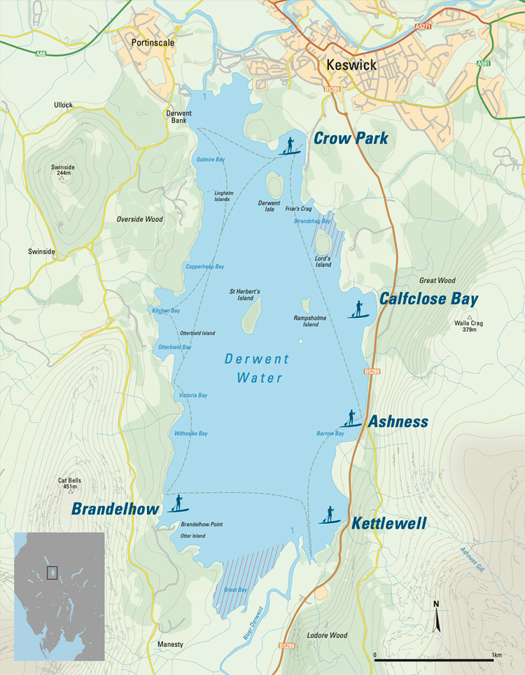 Stand-up paddleboarding at Derwent Water: map featuring the best launch spots