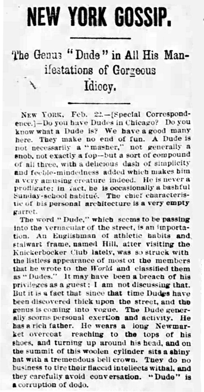 Chicago Tribune, February 25, 1883: one of the first 'dude' descriptions
