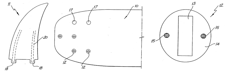 US Patent 5464359, November 7, 1995: the system for attaching fins to surfboards and other surf craft