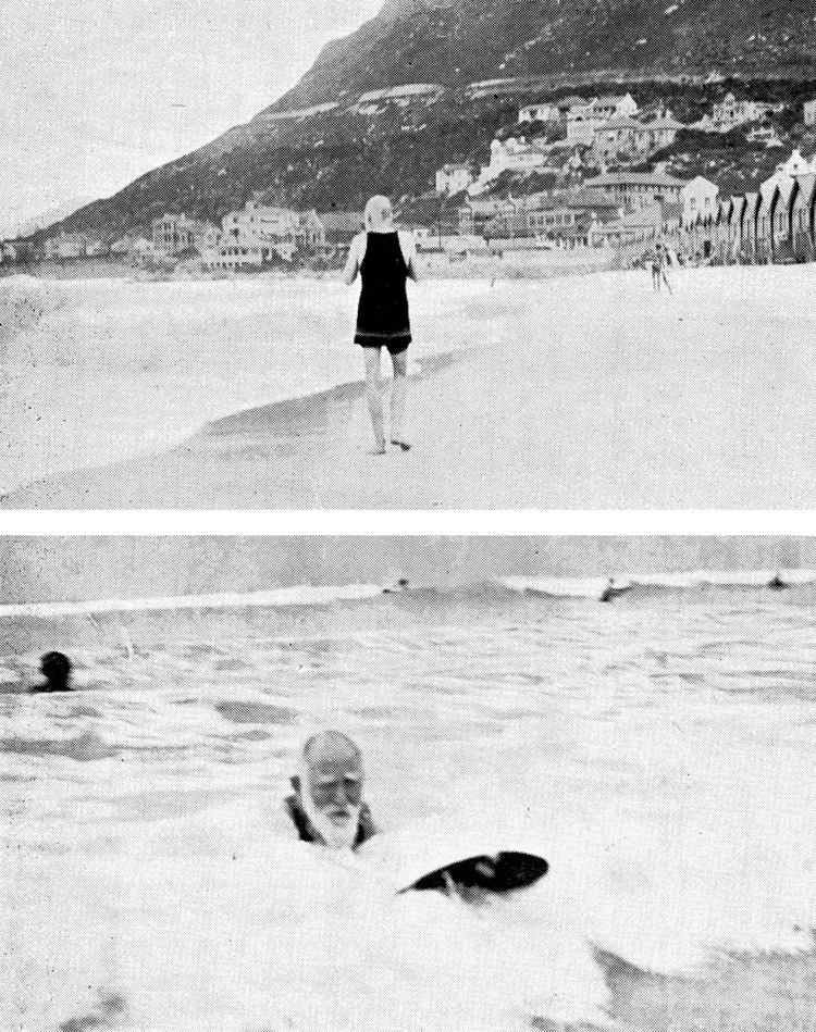 George Bernard Shaw: riding his first waves on a paipo board at Muizenberg Beach, South Africa | Photo: Cape Peninsula Publicity Association
