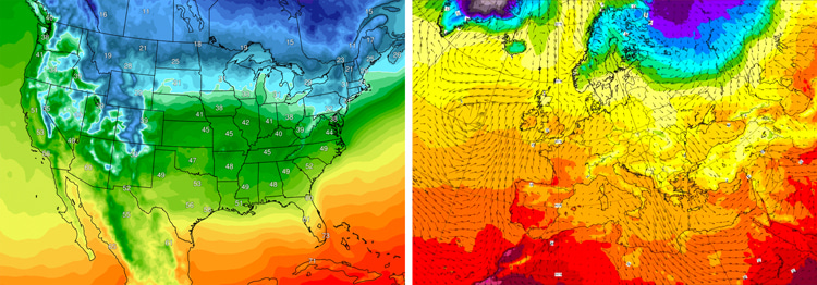 GFS (left) and ECMWF (right): the surface temperature forecast for February 14, 2024