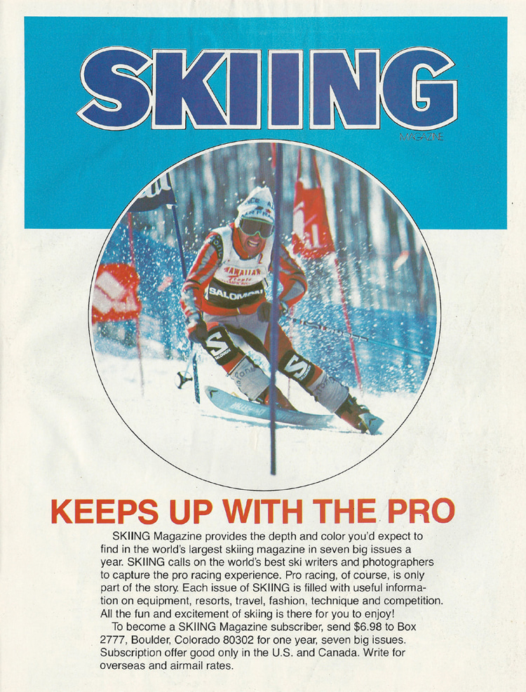 Former FIS Alpine World Cup racer and member of the French National Ski Team, Henri Duvillard, is featured here on a page from World Pro Skiing magazine, which served as an advertisement in Skiing magazine, circa 1976