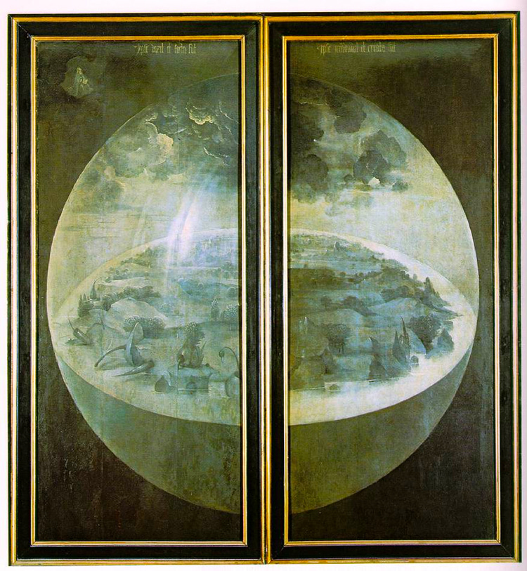 The Garden of Earthly Delights (1490-1510): the triptych oil painting by Hieronymus Bosch features a flat earth on its exterior panels