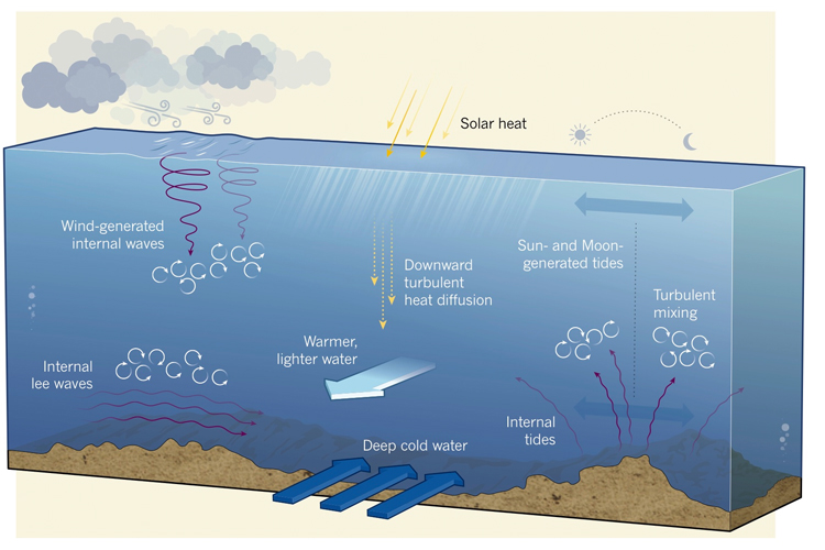 Internal waves: tidal forces, wind, surface waves, ships, and downward-upward-moving currents | Illustration: Scripps Institution of Oceanography