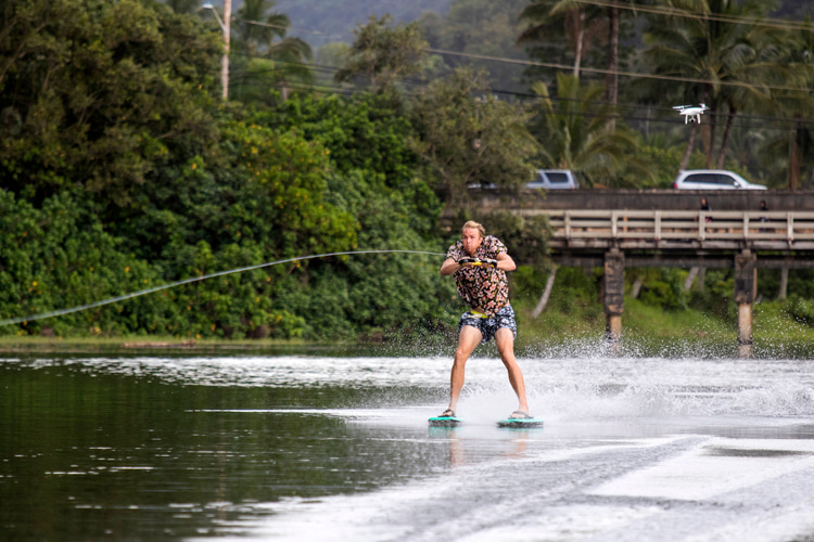 Jamie O'Brien: womper skiing in Waimea River, Hawaii | Photo: Red Bull