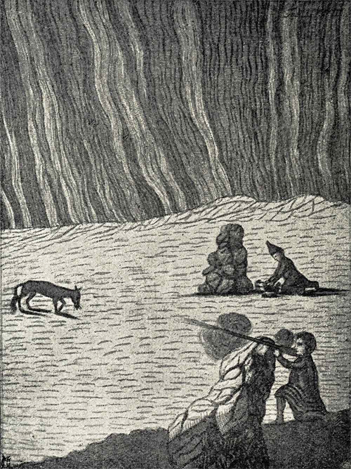 Aurora Borealis: an old drawing of Laplanders hunting by the Northern Lights