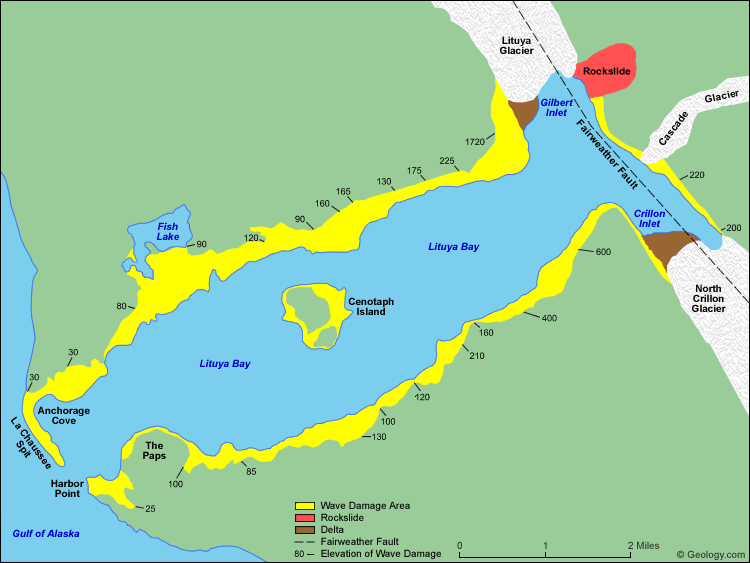 Map of Lituya Bay: the megatsunami started near the Gilbert Inlet | Illustration: Geology.com