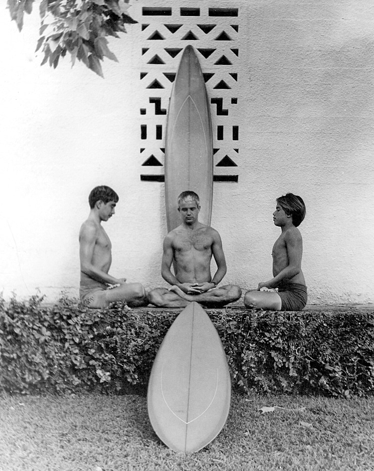 Gerry, RB and Reno Abellira, 1969: incorporating meditation and yoga into surfing | Photo: David Garling