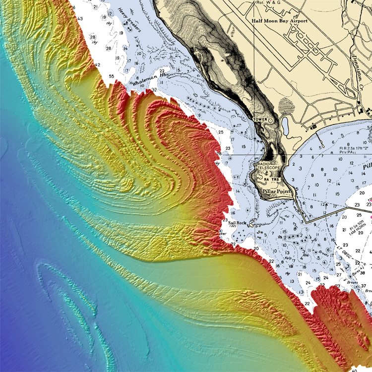 Mavericks: wave energy converges into a single point near Sail Rock and Pillar Point to create a big wave