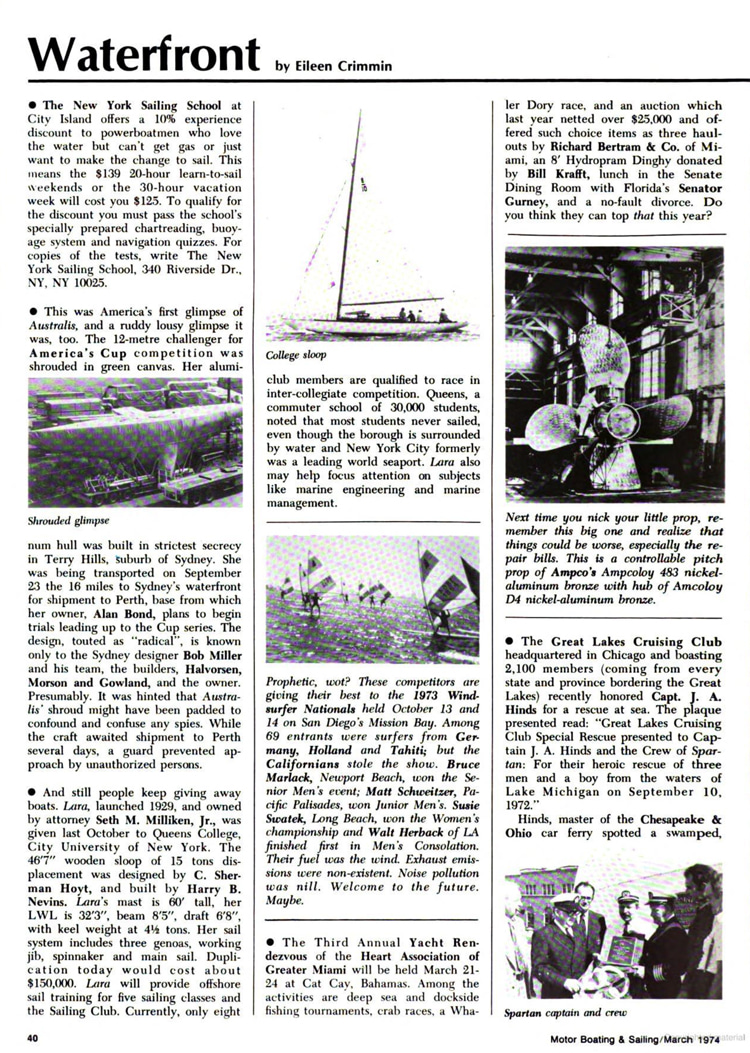 MotorBoating, March 1974: the news with the 1973 Windsurfer US National Championships results