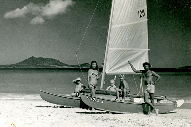Rick, Carol, and their children with a Hobie Cat 14: before windsurfing, the family was into surfing and sailing | Photo: Naish Archive