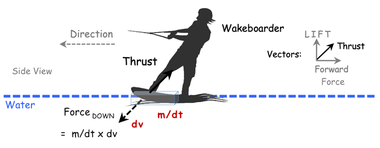 The movement of the wakeboard through the water creates a force that pushes it back and upwards