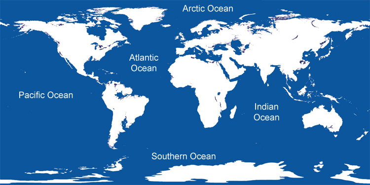The five oceans of the world: Pacific Ocean, Atlantic Ocean, Indian Ocean, Southern Ocean, and Arctic Ocean
