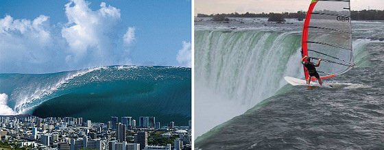 Tsunami and Floater: a city near extinction and a suicide windsurfer