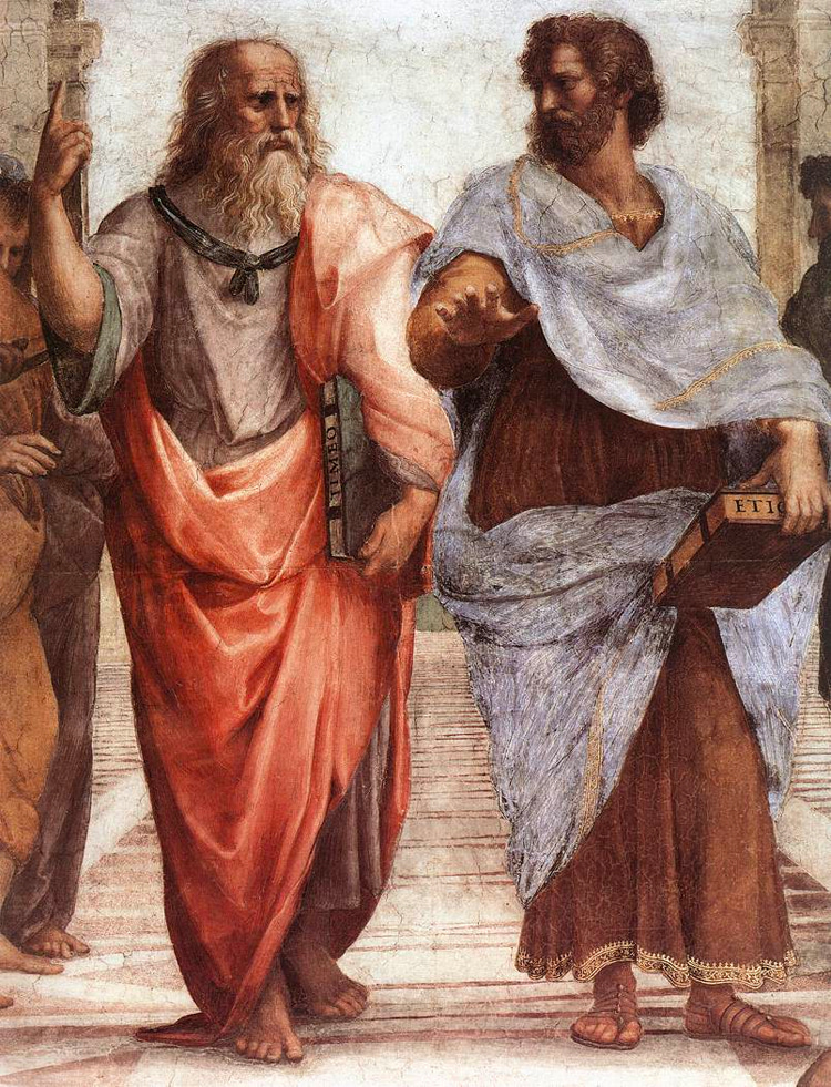 Plato (left) and Aristotle (right): the Greek philosopher holds his 'Timaeus' while he gestures to the heavens | Painting: Raphael