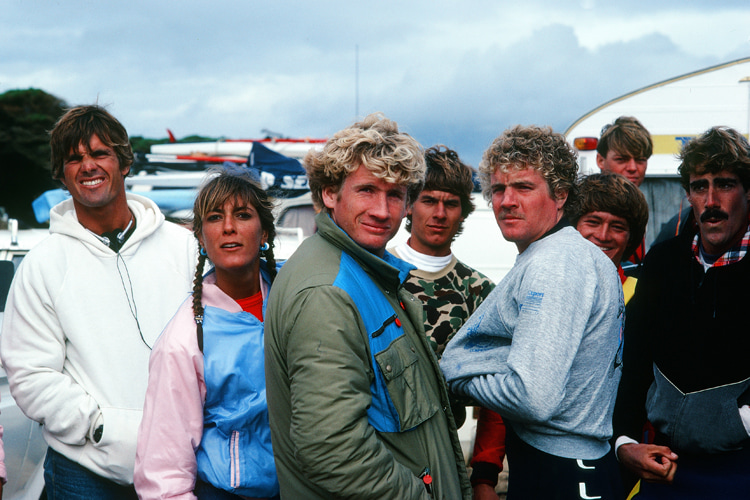 Robby Naish and windsurfer friends: getting ready for the 1983 Rip Curl Quiksilver Wave Classic, a multi-discipline windsurfing event held in Torquay, Australia | Photo: Darrell Wong/Naish Archive