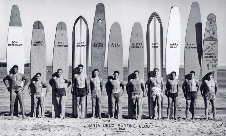 Santa Cruz Surfing Club: Don 'Bosco' Patterson, Harry Murray, Rich Thompson, Alex Hokamp, Blake Turner, Bill Grace, Dave 'Buster' Steward, Fred Hunt, Harry Mayo, Alex 'Pinky' Pedemonte, Tommy Roussel | Photo: Harry Mayo Surfing Photography Collection