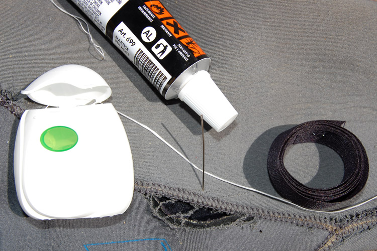 Wetsuit repair: you only need wetsuit cement, glue-on seam tape, floss and a needle | Photo: SurferToday