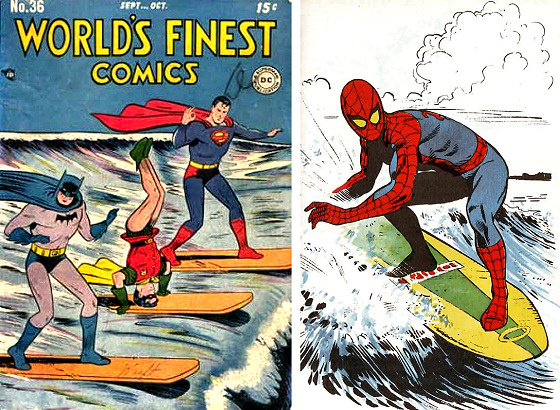 Surfing super heroes: Batman, a talented Robin, Superman and Spider-Man