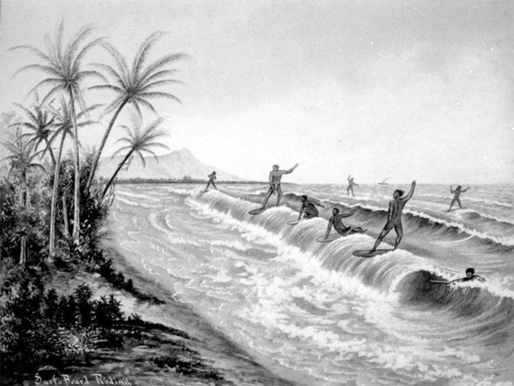 Surf Board Riding: an early representation of surfing in the Polynesian islands | Illustration: Bishop Museum Archive