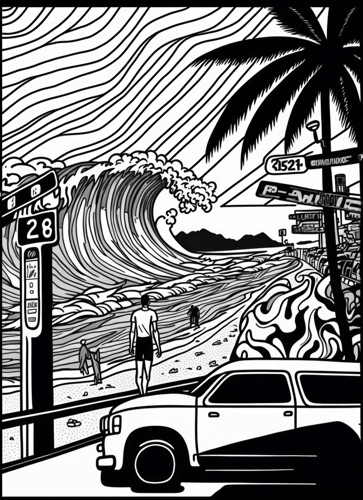 Famous Surf Location With Surfers Riding Waves, Spectators on the Beach | Illustration: SurferToday