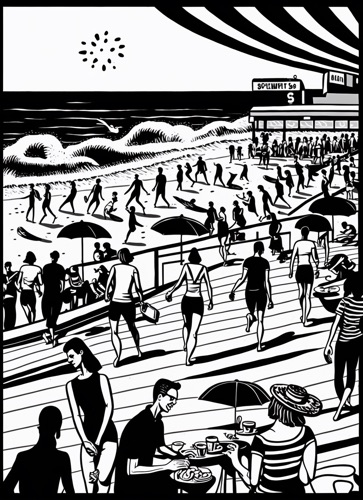 Bustling Beach Boardwalk Scene With Surfers Carrying Their Boards, Beachgoers Enjoying the Sun, and Vendors Selling Surf Gear and Refreshments | Illustration: SurferToday