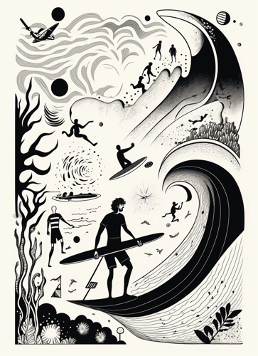 Series of Illustrations Depicting the Life Stages of a Surfer, From a Child Learning to Surf to a Professional Surfer Conquering Massive Waves 4 | Illustration: SurferToday