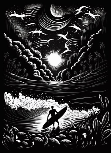 Nighttime Surf Scene With a Surfer Riding a Wave Under a Starry Sky | Illustration: SurferToday