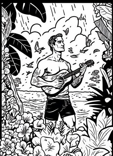 Tropical Scene Featuring a Surfer Surrounded by Hibiscus Flowers, Ukuleles, and Tiki Torches | Illustration: SurferToday