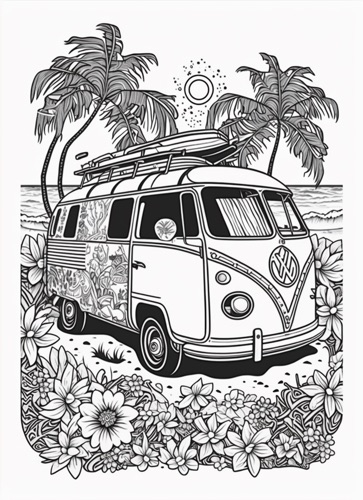 Vintage Surf Van Parked on the Beach, Adorned With Stickers, Surfboards on Top, and Beach Essentials Scattered Around | Illustration: SurferToday