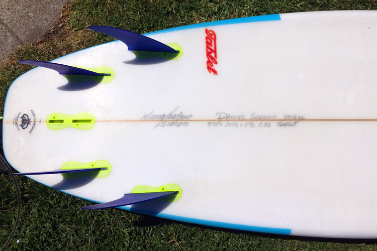 Surfboards: shapers write their dimensions on the bottom and next to the stringer