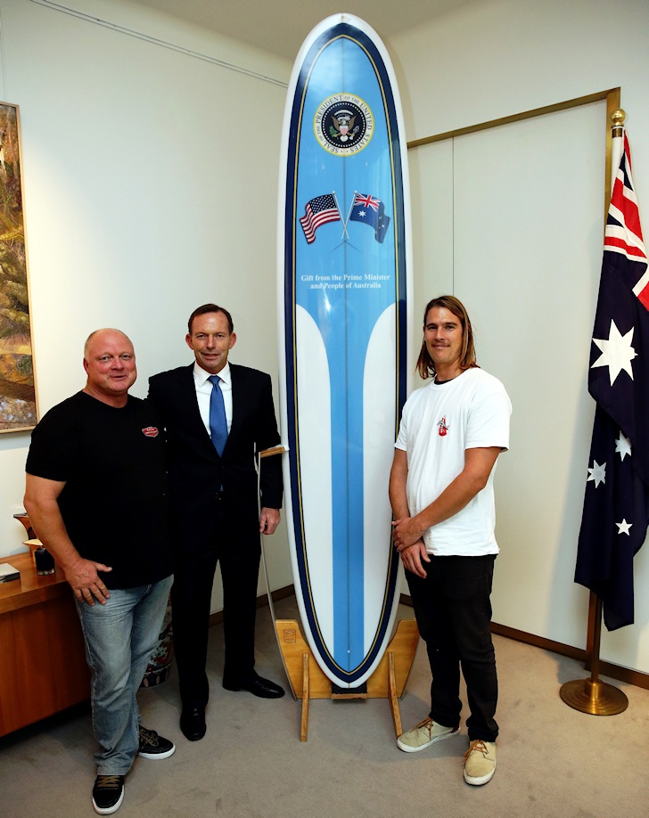 Surfboard One: Tony Abbott welcomes the Bennett Surfboards team