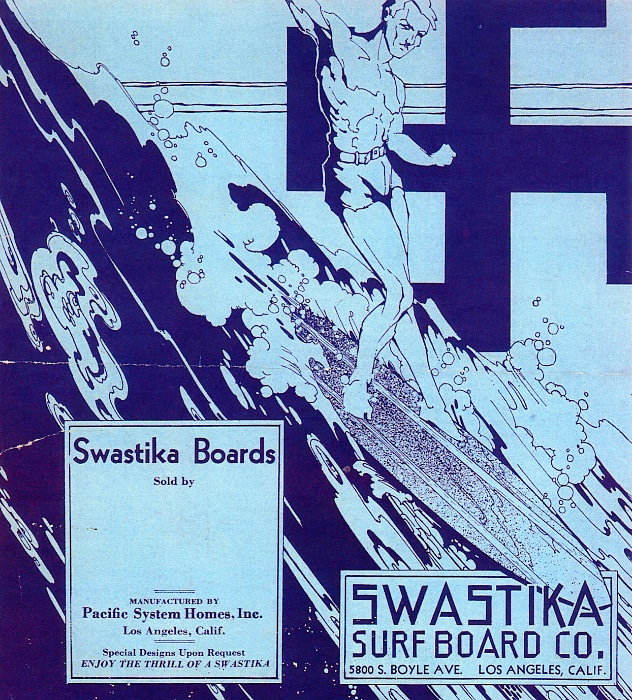 Swastika Boards: a surfboard model by Pacific System Homes launched in the mid-1930s