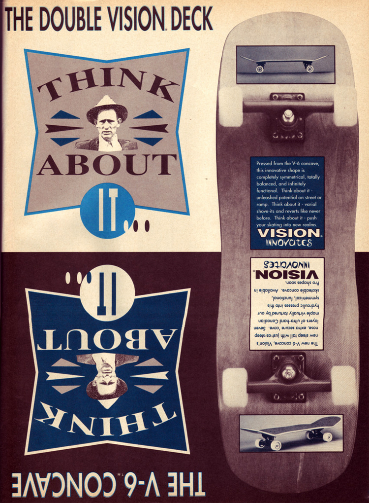 The Double Vision Deck: one of the early popsicle skateboard models was launched in 1989 by Vision